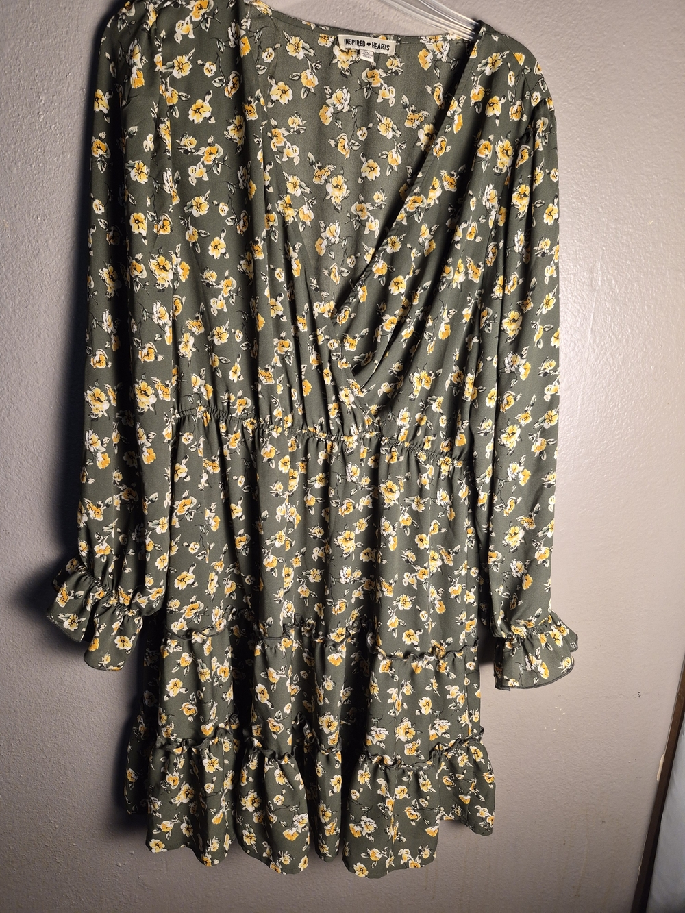Inspired Hearts Olive Green Floral Wrap Dress with Yellow Blossoms